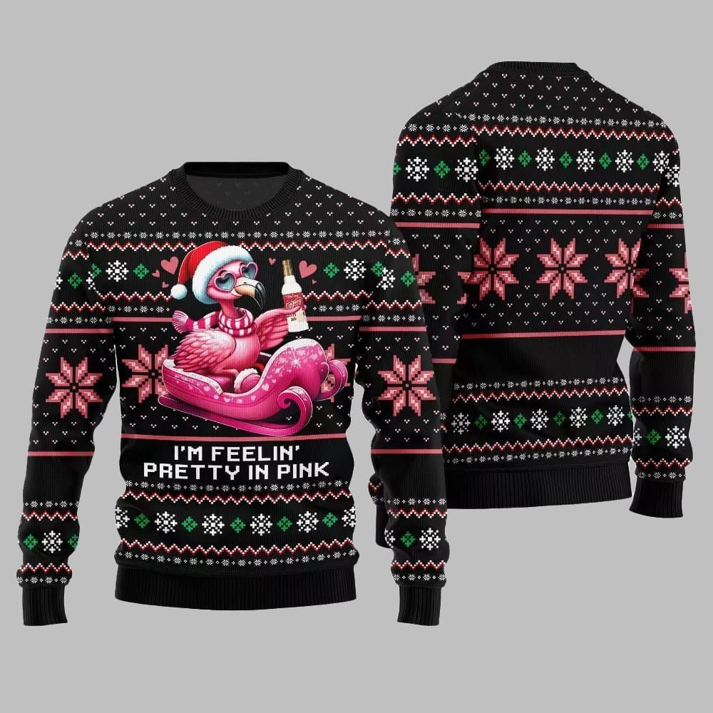 2026 Christmas Flamingo Im Feelin Pretty In Pink Ugly Christmas Sweater - Moonbestprint