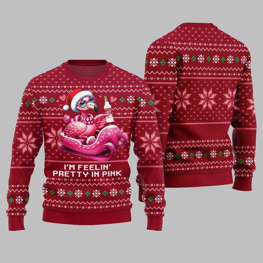 2026 Christmas Flamingo Im Feelin Pretty In Pink Ugly Christmas Sweater - Moonbestprint