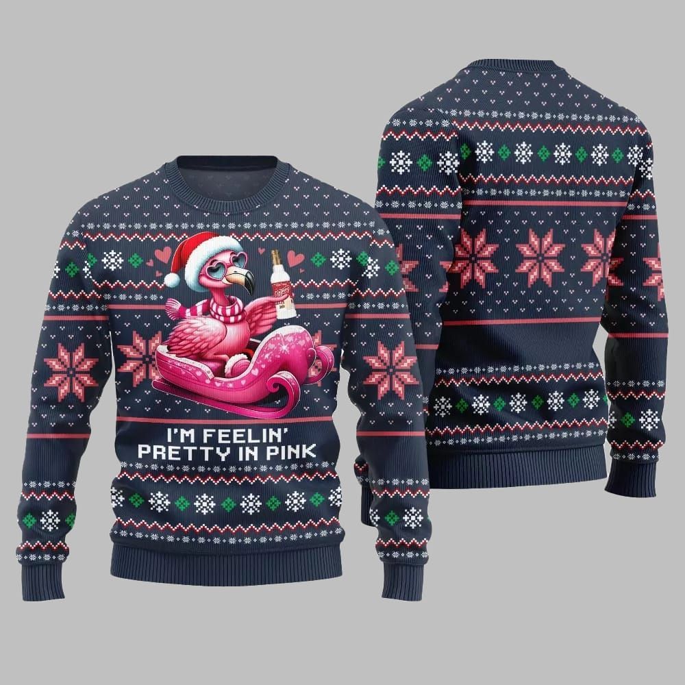 2026 Christmas Flamingo Im Feelin Pretty In Pink Ugly Christmas Sweater - Moonbestprint
