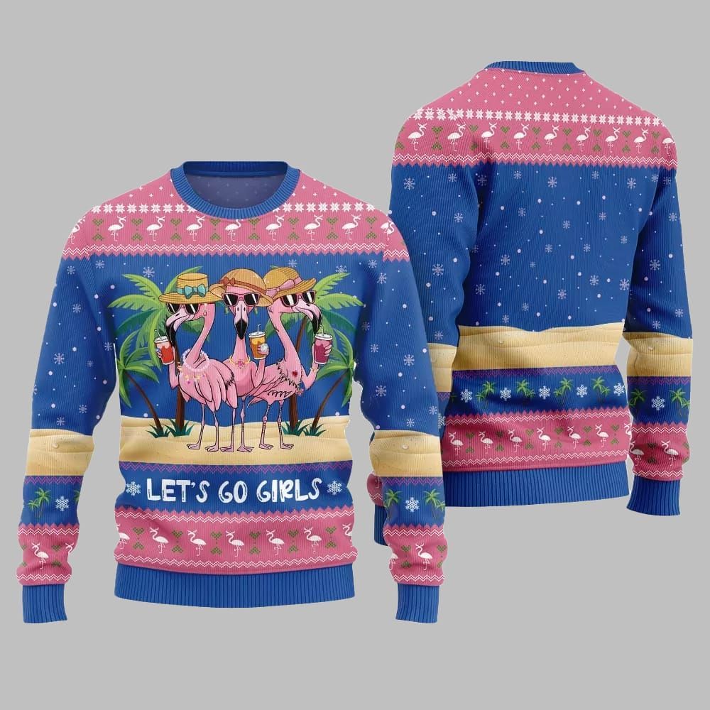 2026 Christmas Flamingo Let's Go Girls Ugly Christmas Sweater - Moonbestprint
