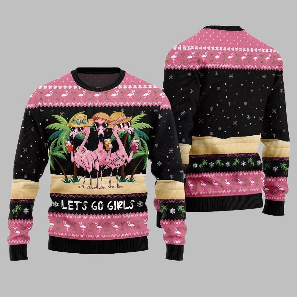 2026 Christmas Flamingo Let's Go Girls Ugly Christmas Sweater - Moonbestprint