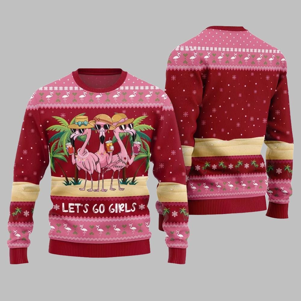 2026 Christmas Flamingo Let's Go Girls Ugly Christmas Sweater - Moonbestprint