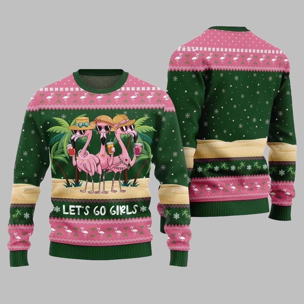 2026 Christmas Flamingo Let's Go Girls Ugly Christmas Sweater - Moonbestprint