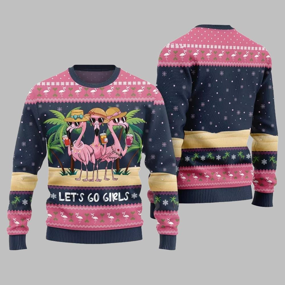 2026 Christmas Flamingo Let's Go Girls Ugly Christmas Sweater - Moonbestprint
