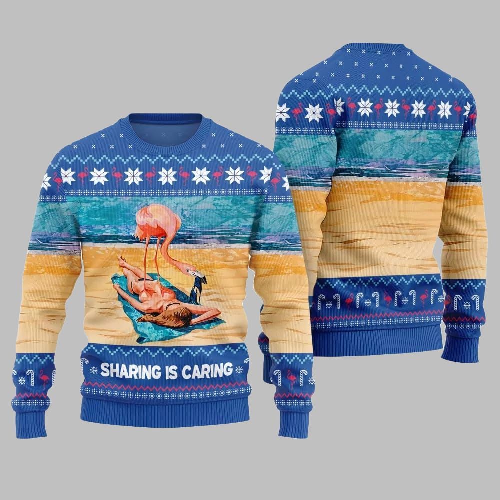 2026 Christmas Flamingo Sharing Is Caring Ugly Christmas Sweater - Moonbestprint