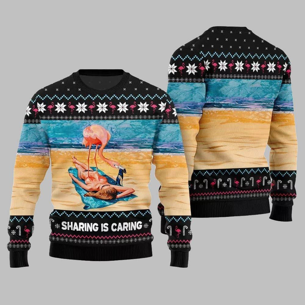 2026 Christmas Flamingo Sharing Is Caring Ugly Christmas Sweater - Moonbestprint