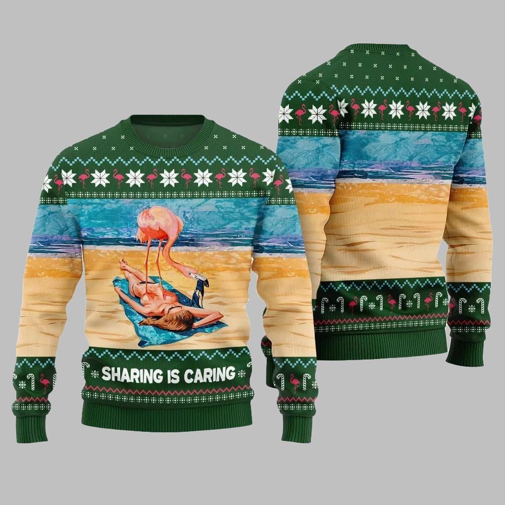 2026 Christmas Flamingo Sharing Is Caring Ugly Christmas Sweater - Moonbestprint