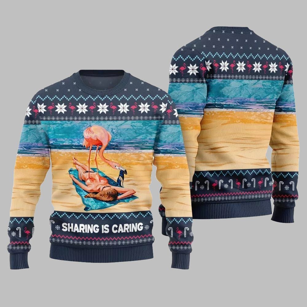 2026 Christmas Flamingo Sharing Is Caring Ugly Christmas Sweater - Moonbestprint