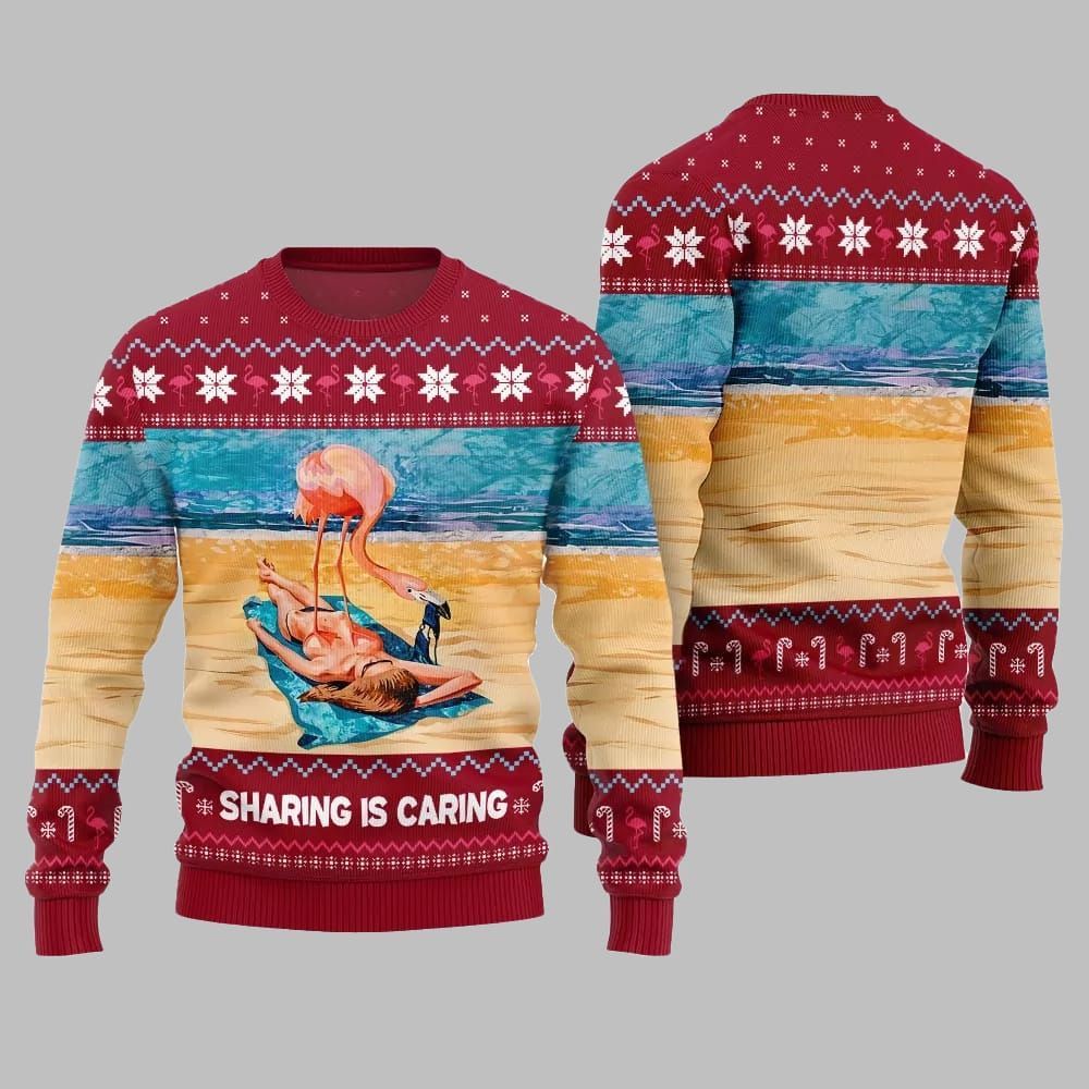 2026 Christmas Flamingo Sharing Is Caring Ugly Christmas Sweater - Moonbestprint