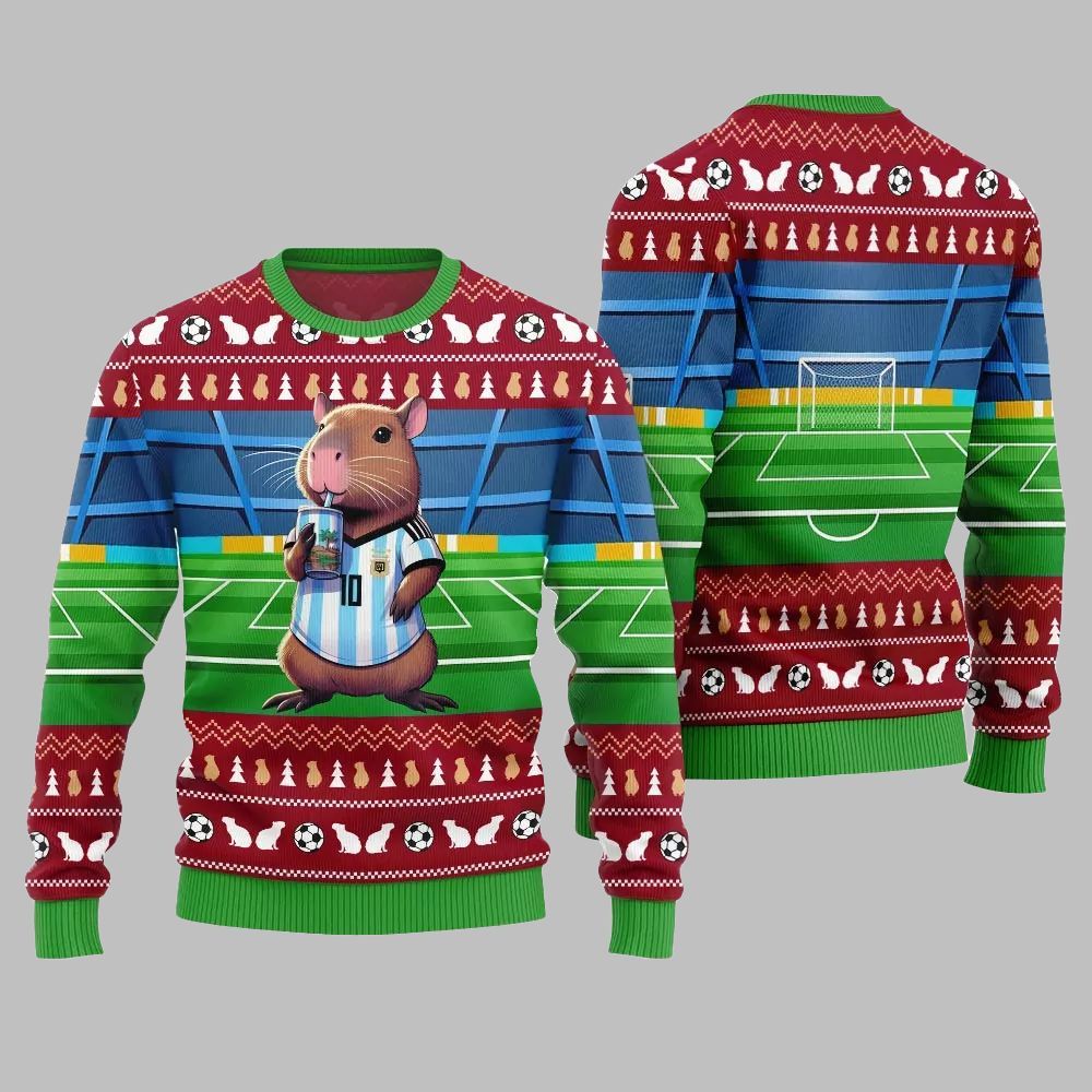 2026 Christmas Funny Capybara Football Ugly Christmas Sweater - Moonbestprint