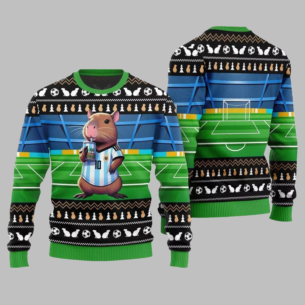 2026 Christmas Funny Capybara Football Ugly Christmas Sweater - Moonbestprint