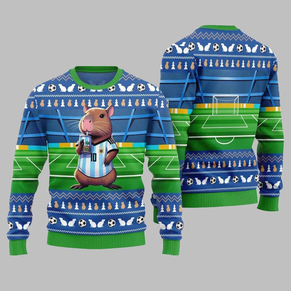 2026 Christmas Funny Capybara Football Ugly Christmas Sweater - Moonbestprint