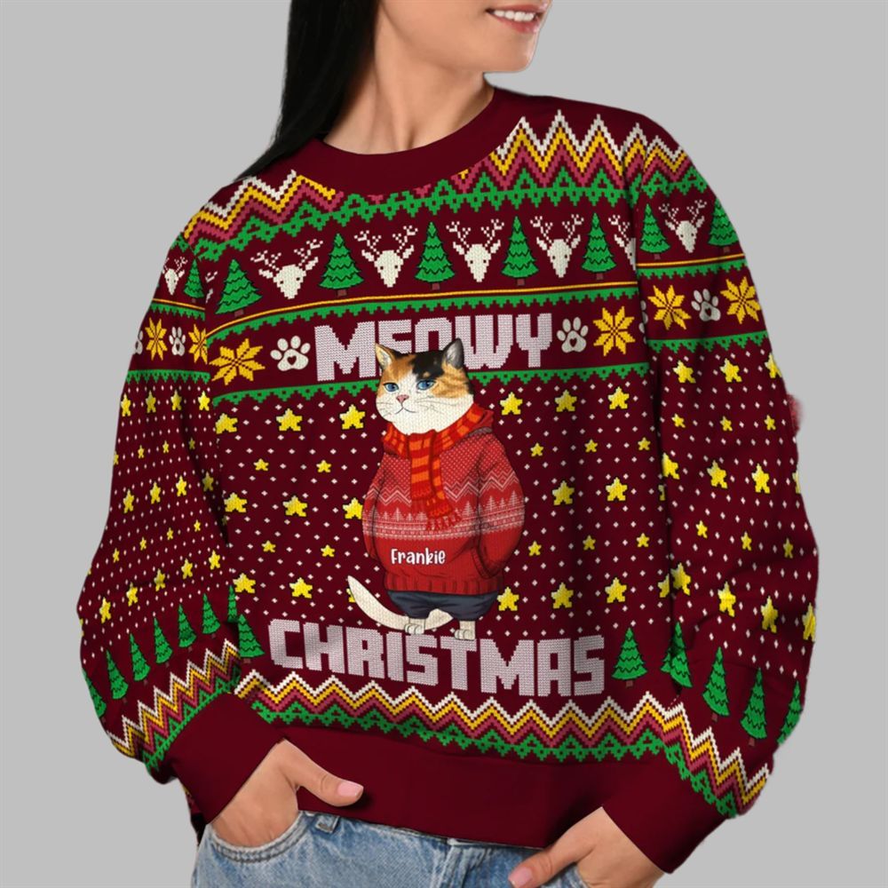 2026 Christmas Funny Cat Meowy Christmas Ugly Sweatshirt - Moonbestprint