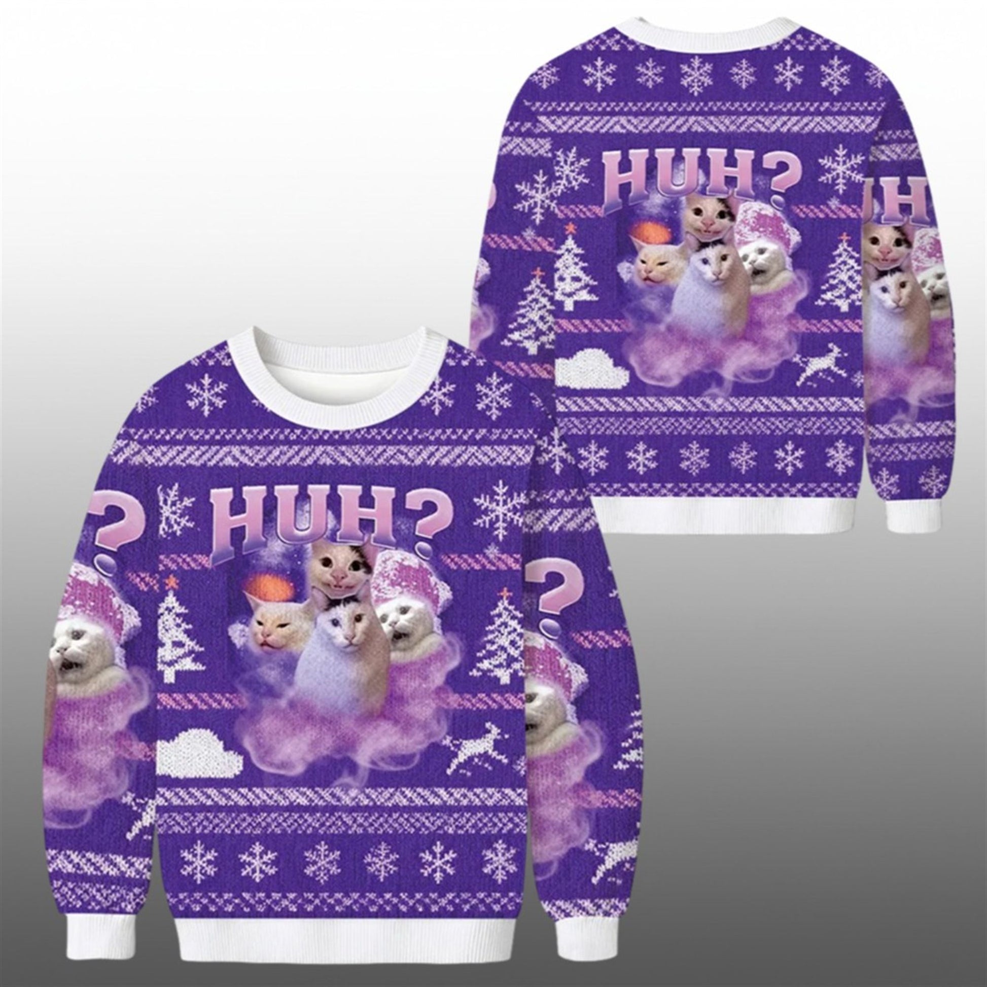 2026 Christmas Funny Meme Huh Cat Ugly Sweater - Moonbestprint