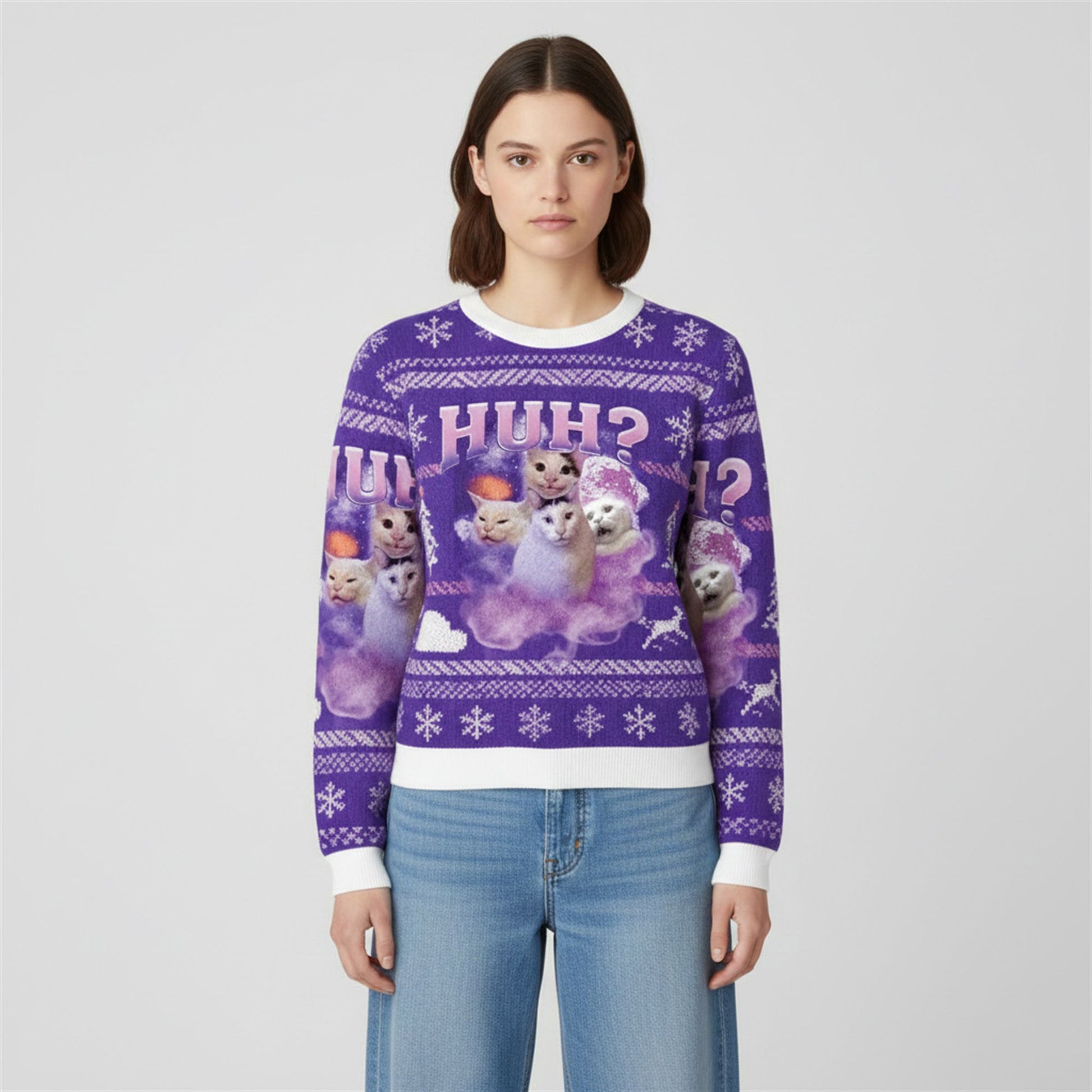 2026 Christmas Funny Meme Huh Cat Ugly Sweater - Moonbestprint