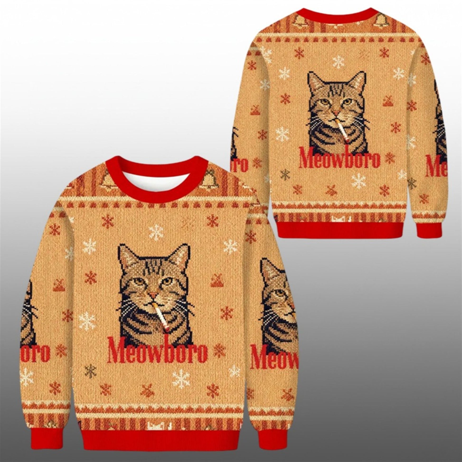 2026 Christmas Funny Realistic Meowboro Cigarette Ugly Sweater - Moonbestprint