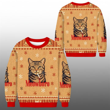 2026 Christmas Funny Realistic Meowboro Cigarette Ugly Sweater - Moonbestprint