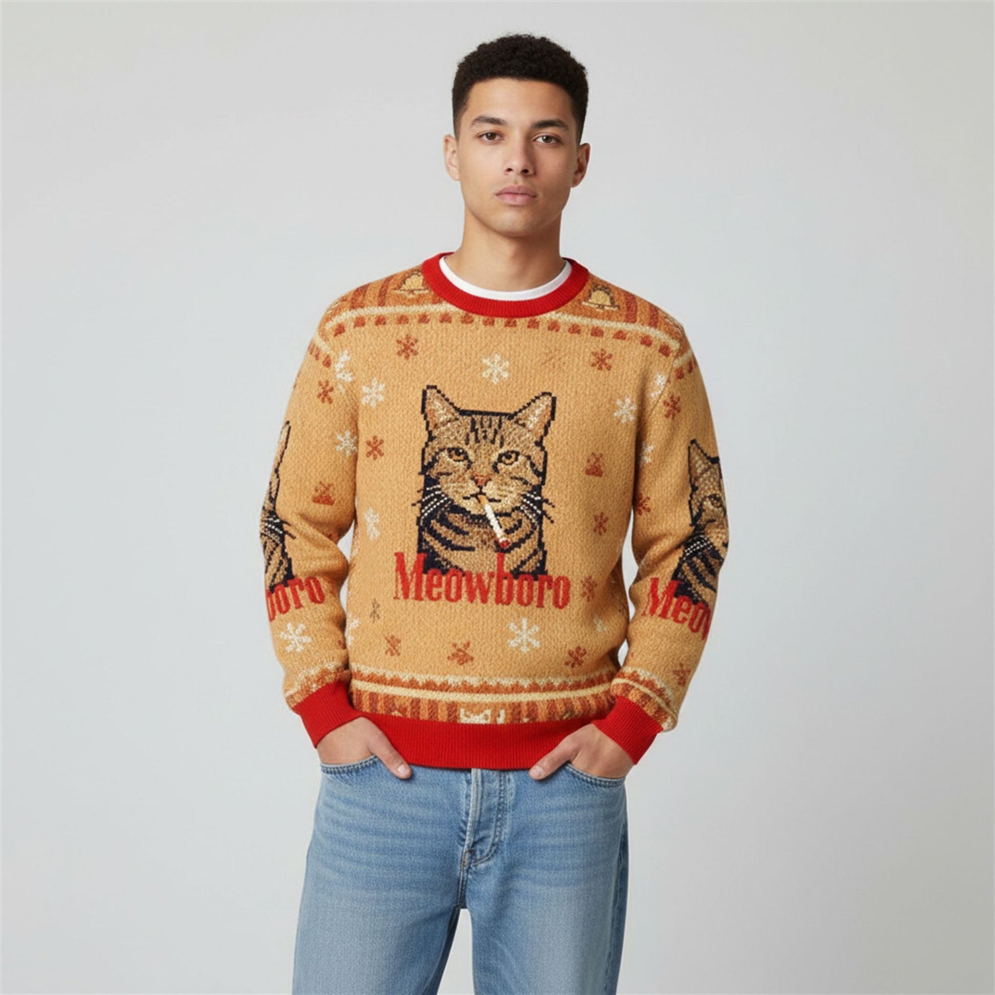 2026 Christmas Funny Realistic Meowboro Cigarette Ugly Sweater - Moonbestprint