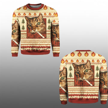 2026 Christmas Funny Smoking Cat Meme Marlboro Ugly Sweater - Moonbestprint