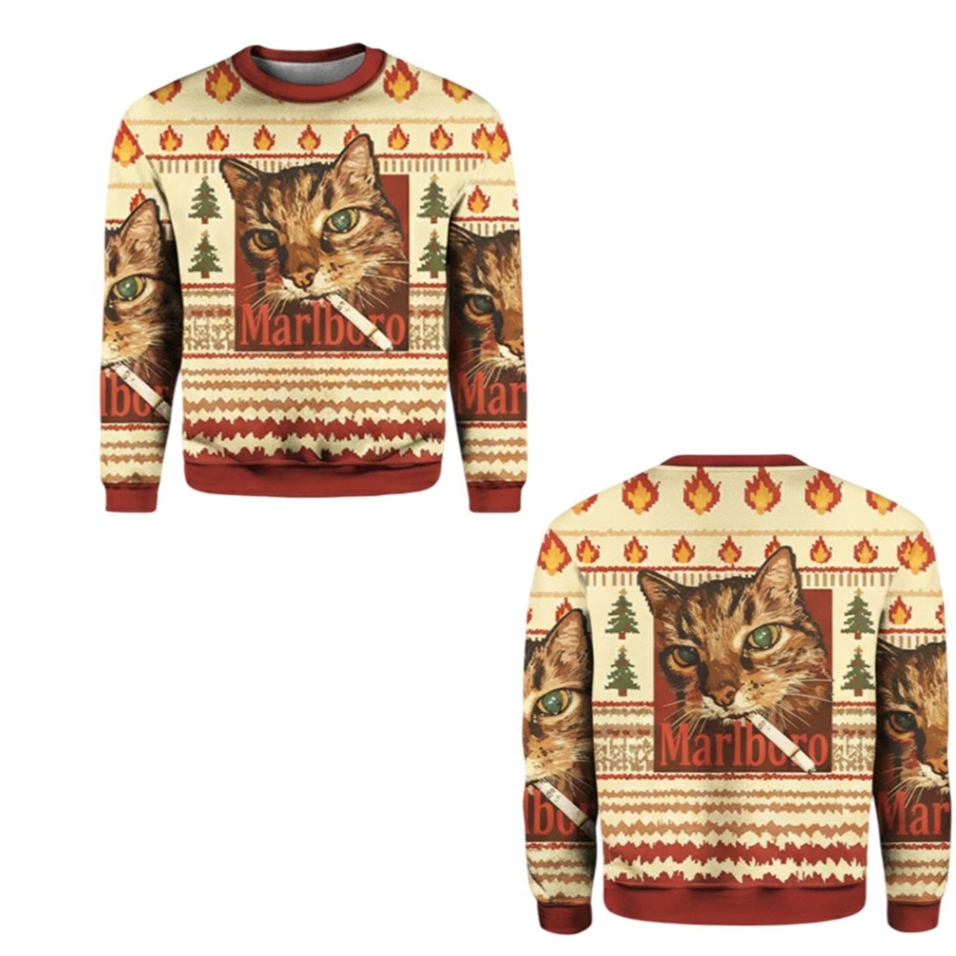 2026 Christmas Funny Smoking Cat Meme Marlboro Ugly Sweater - Moonbestprint