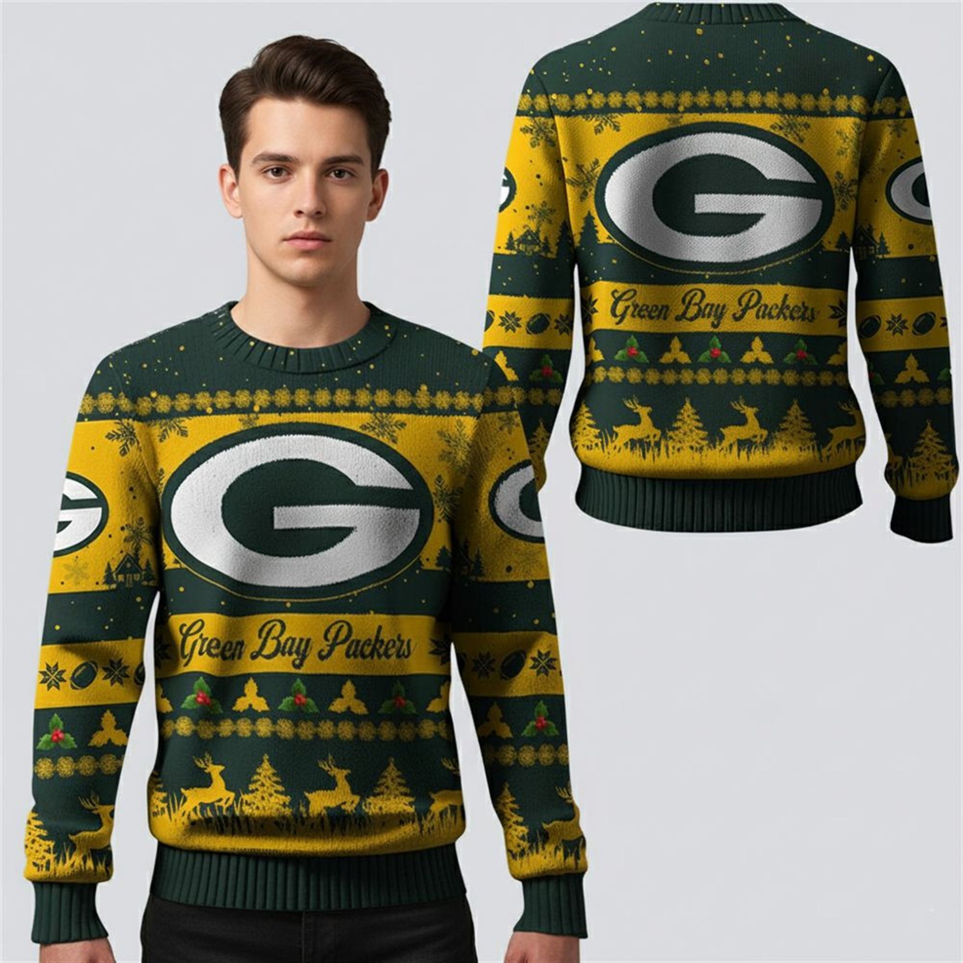 2026 Christmas GB Packers Festive Reindeer Tree Ugly Sweater - Moonbestprint