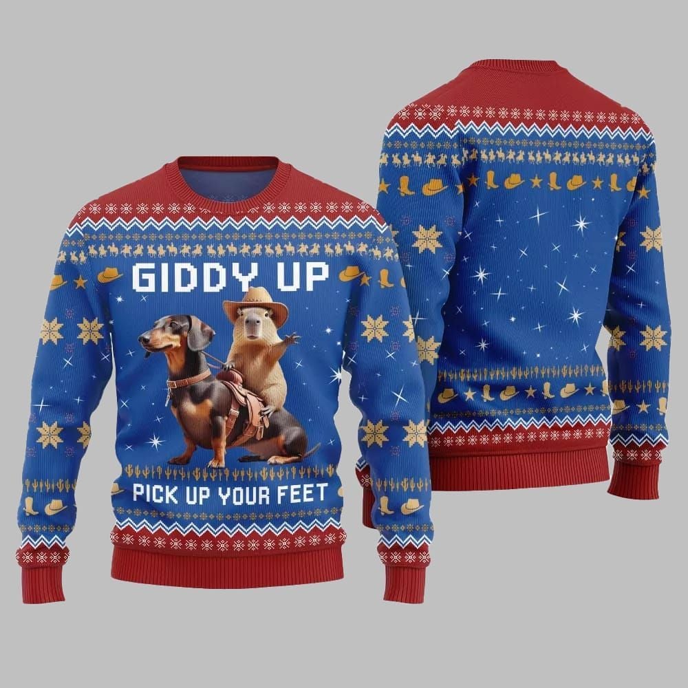 2026 Christmas Giddy Up Pick Up Your Feet Capybara Dachshund Ugly Christmas Sweater - Moonbestprint