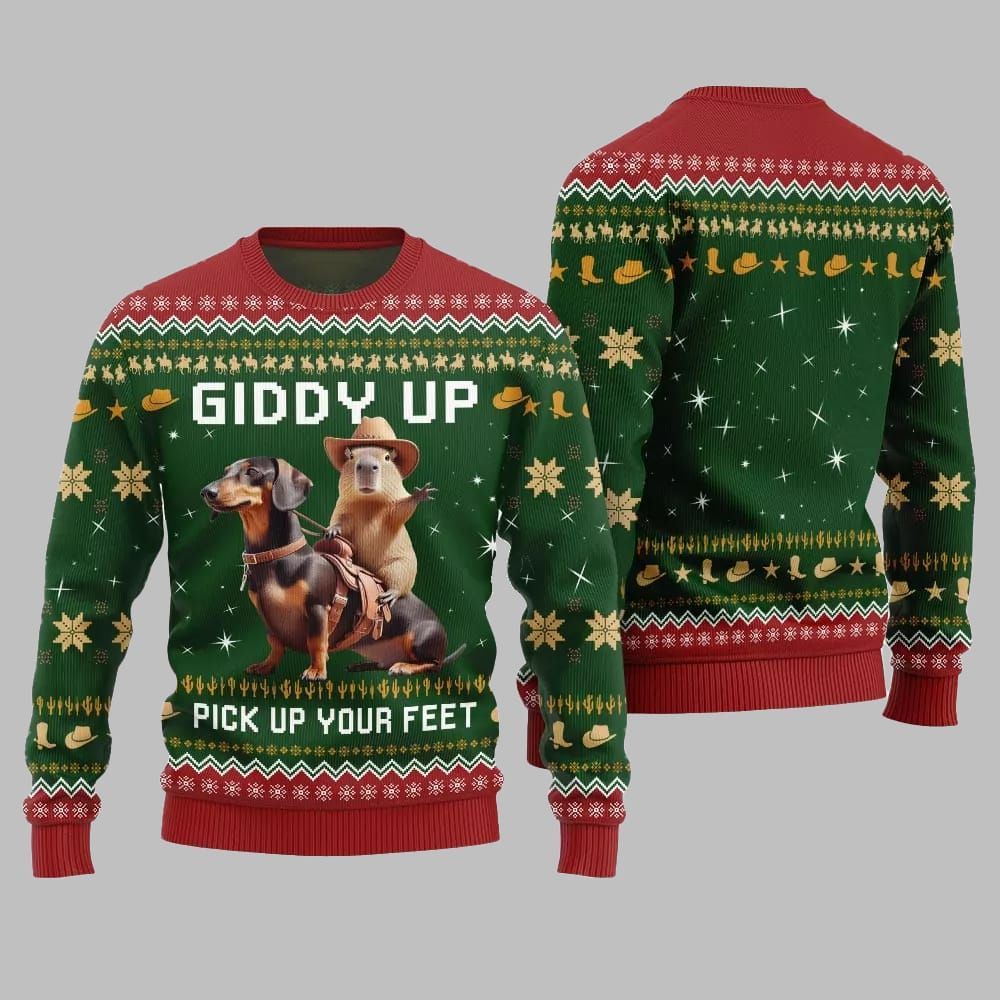 2026 Christmas Giddy Up Pick Up Your Feet Capybara Dachshund Ugly Christmas Sweater - Moonbestprint