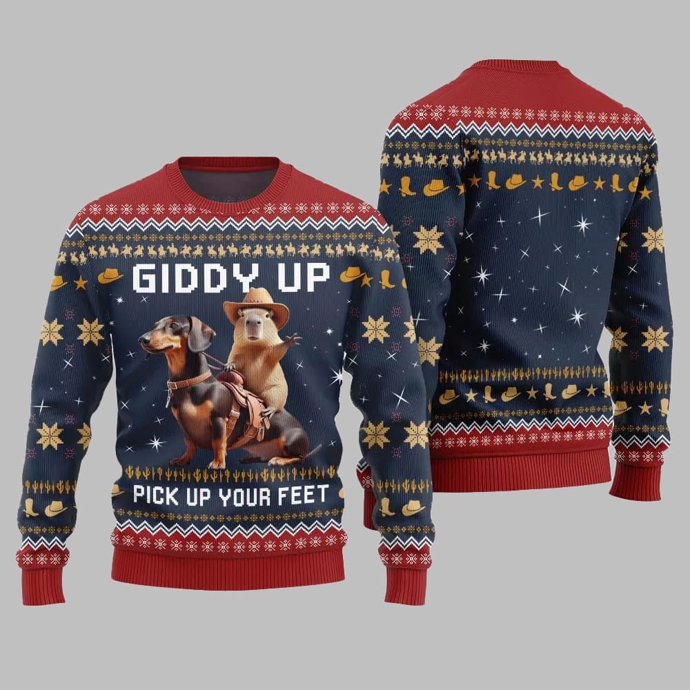 2026 Christmas Giddy Up Pick Up Your Feet Capybara Dachshund Ugly Christmas Sweater - Moonbestprint