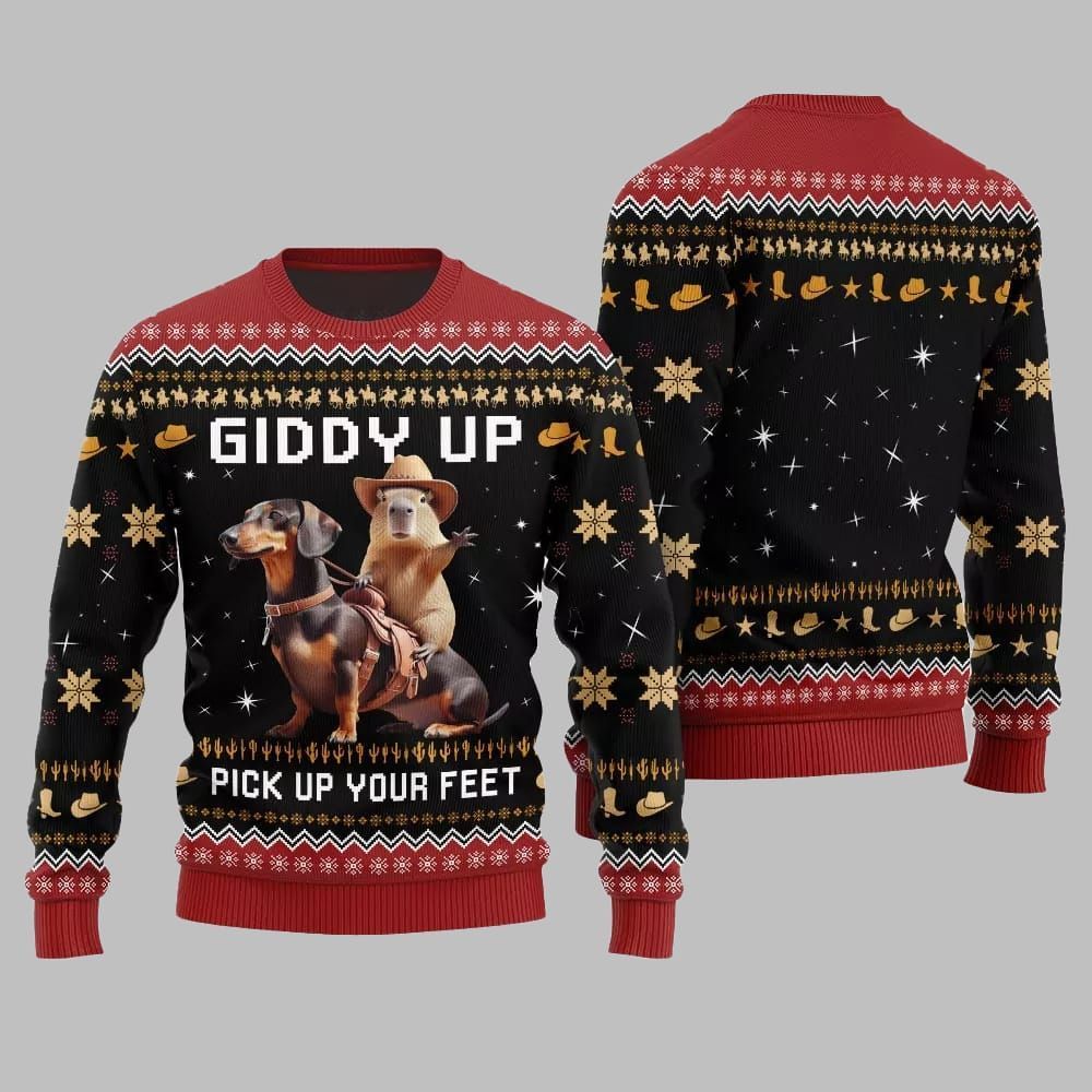 2026 Christmas Giddy Up Pick Up Your Feet Capybara Dachshund Ugly Christmas Sweater - Moonbestprint