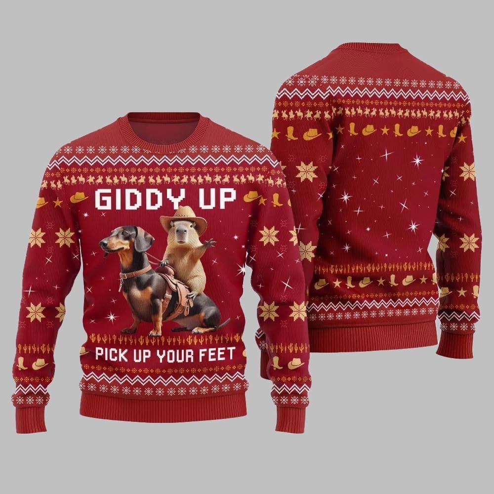 2026 Christmas Giddy Up Pick Up Your Feet Capybara Dachshund Ugly Christmas Sweater - Moonbestprint