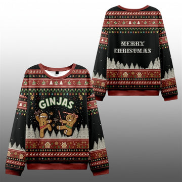 2026 Christmas Gingerbread Ninjas In Battle Ugly Sweater - Moonbestprint