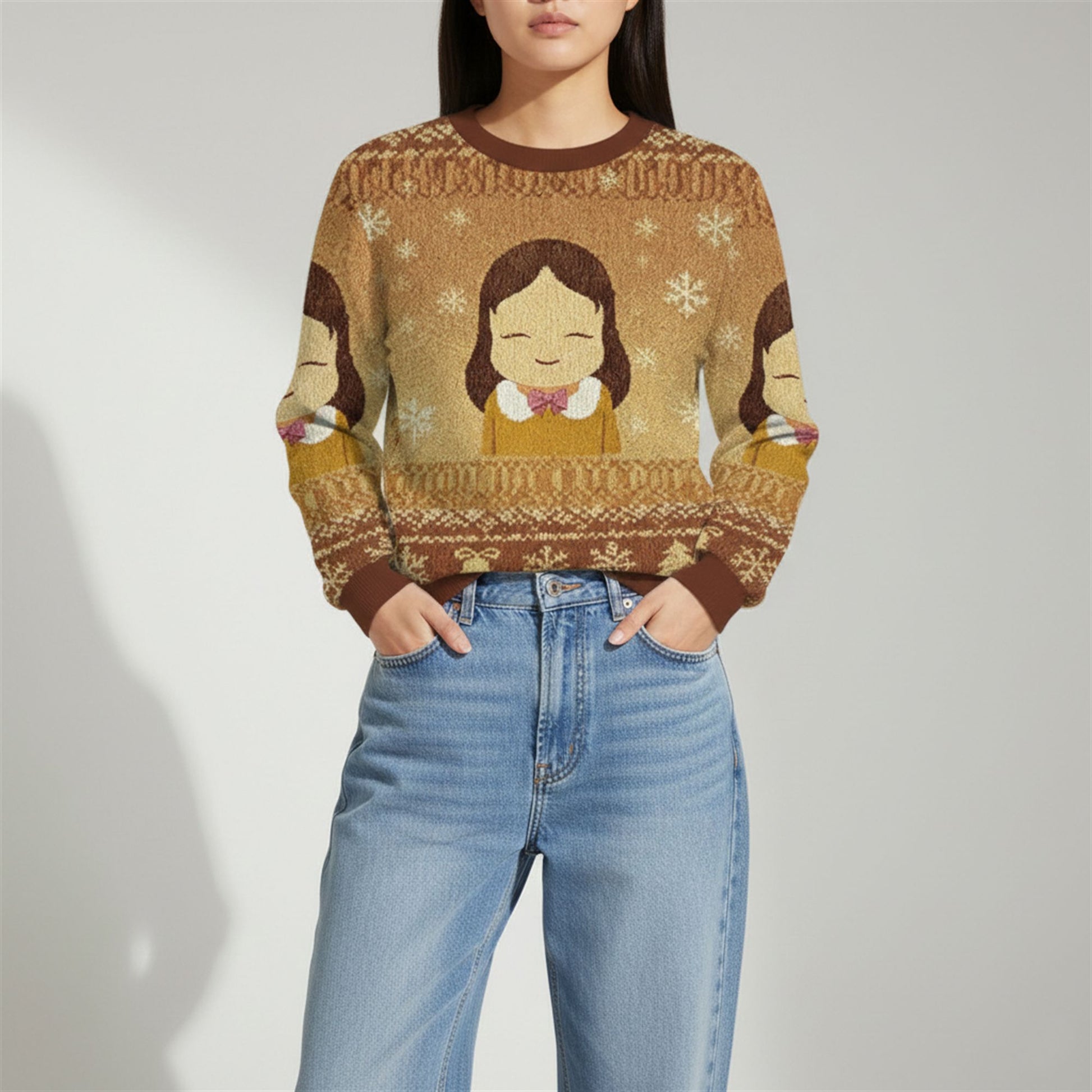 2026 Christmas Girl Eyes Closed Ugly Sweater - Moonbestprint
