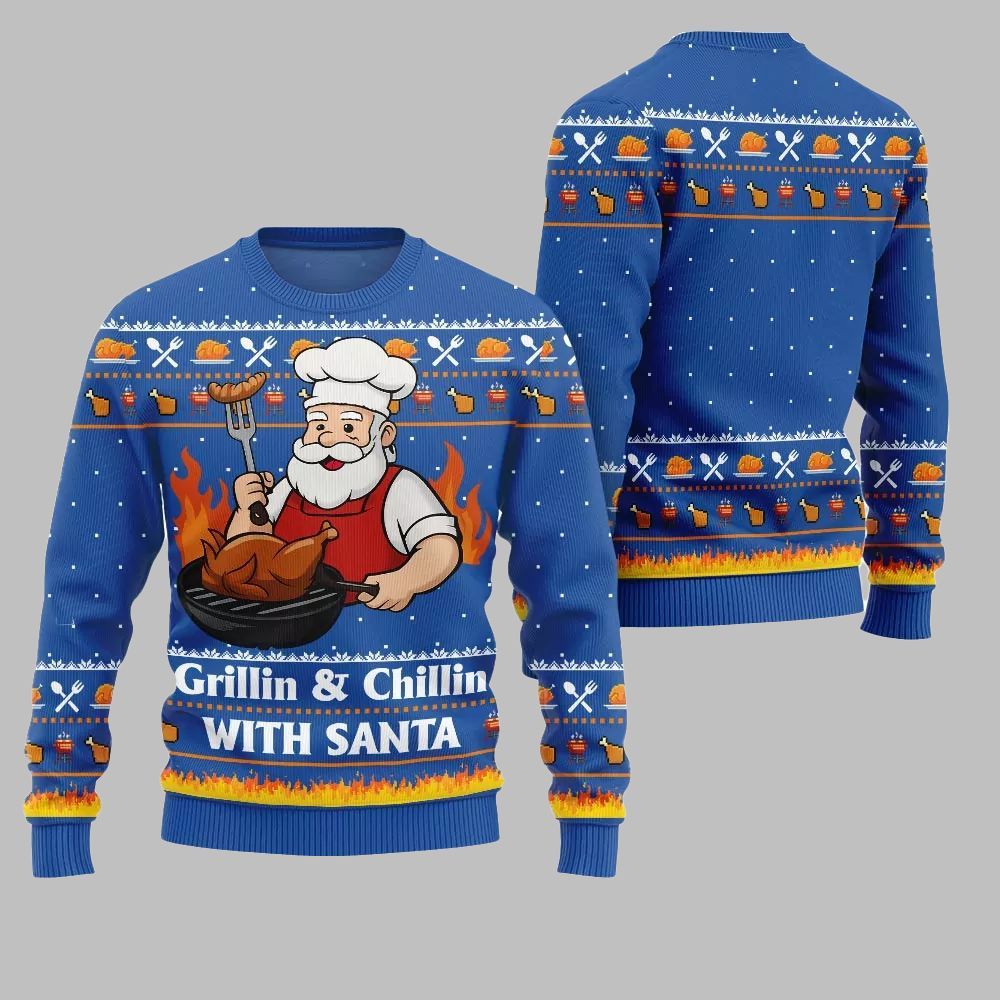 2026 Christmas Grillin Chillin With Santa Ugly Christmas Sweater - Moonbestprint