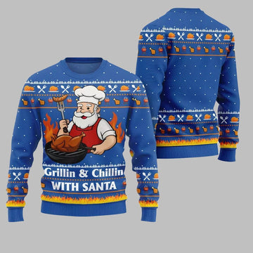 2026 Christmas Grillin Chillin With Santa Ugly Christmas Sweater - Moonbestprint