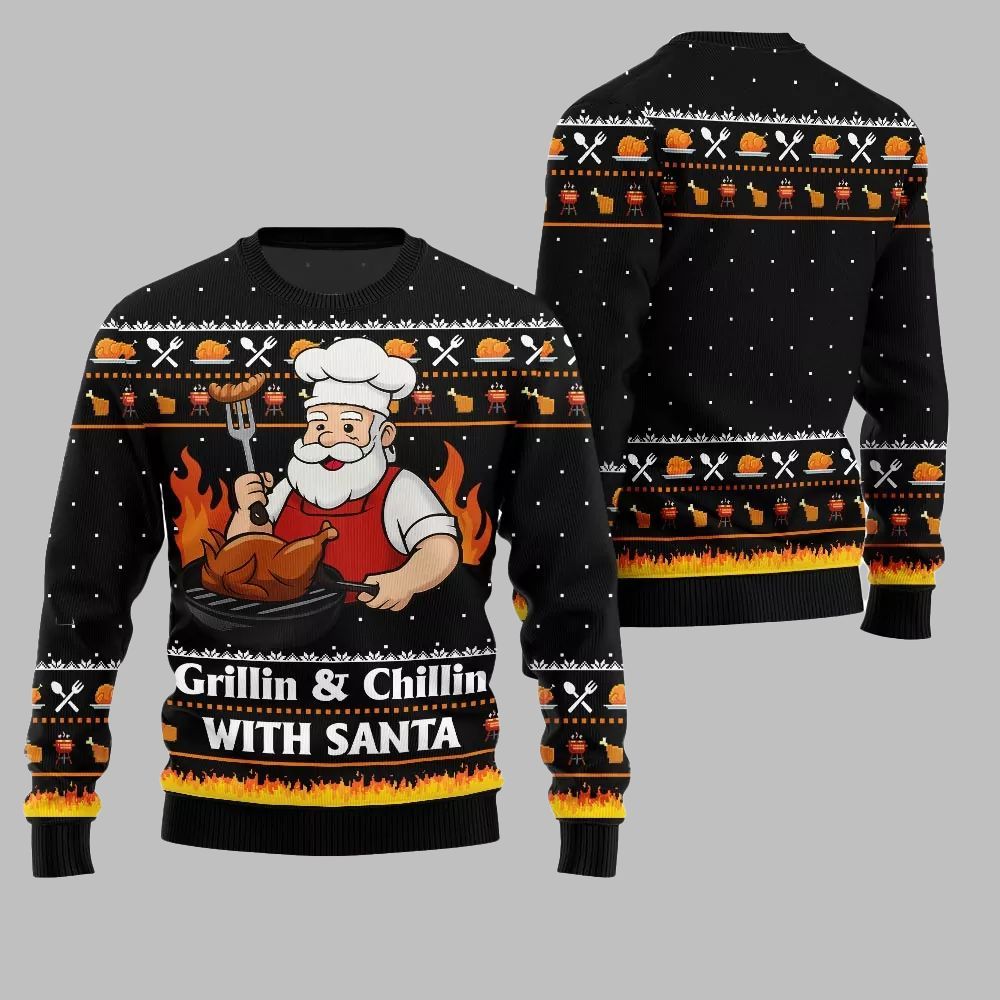 2026 Christmas Grillin Chillin With Santa Ugly Christmas Sweater - Moonbestprint