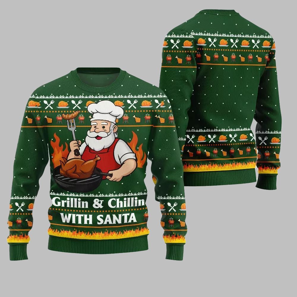 2026 Christmas Grillin Chillin With Santa Ugly Christmas Sweater - Moonbestprint