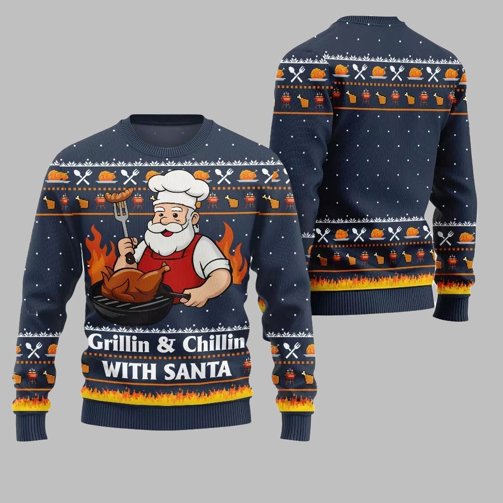 2026 Christmas Grillin Chillin With Santa Ugly Christmas Sweater - Moonbestprint