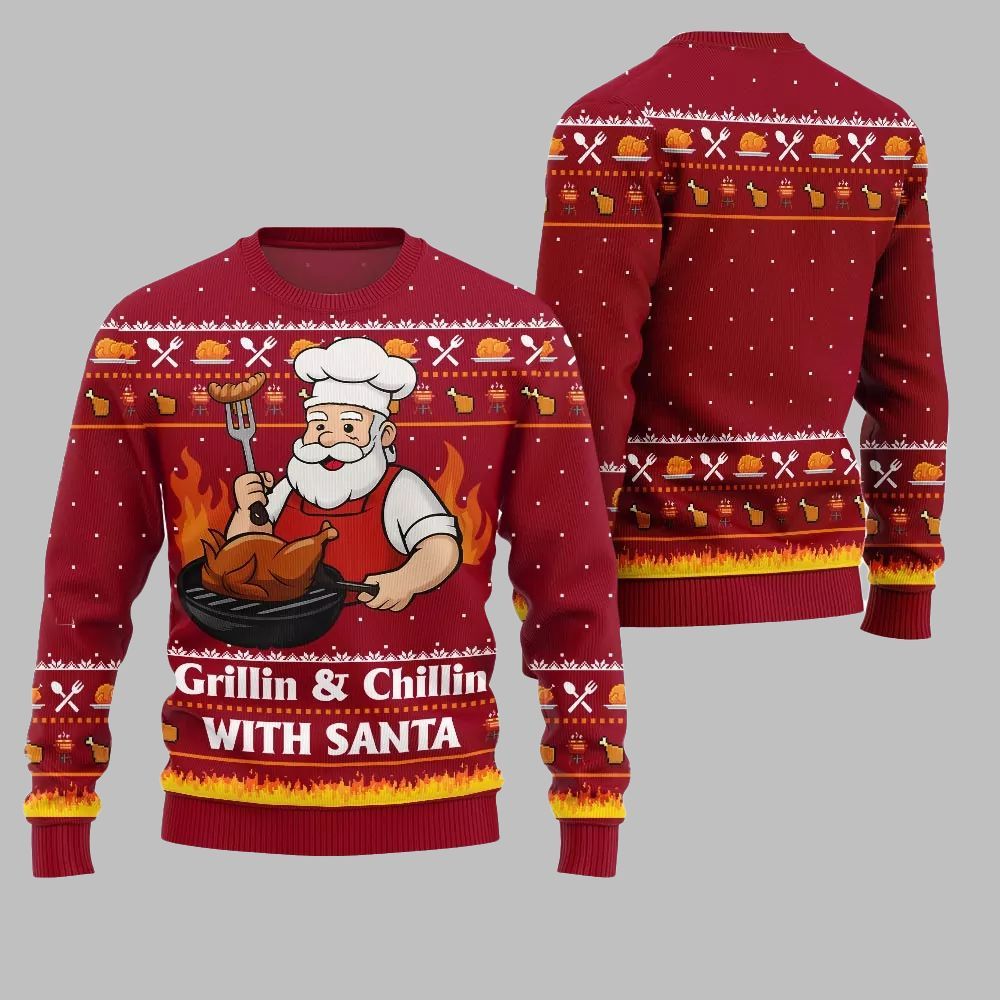 2026 Christmas Grillin Chillin With Santa Ugly Christmas Sweater - Moonbestprint