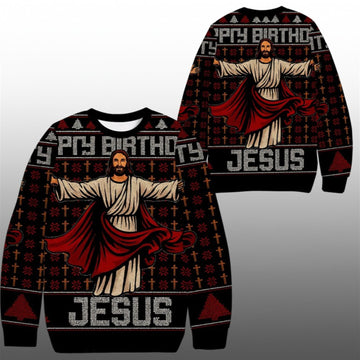 2026 Christmas Happy Birthday Biblical Figure Jesus Ugly Sweater - Moonbestprint