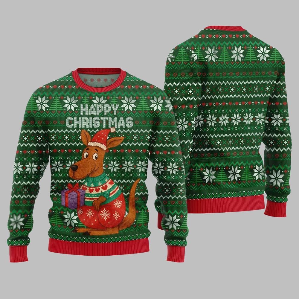 2026 Christmas Happy Christmas Kangaroo Ugly Christmas Sweater - Moonbestprint