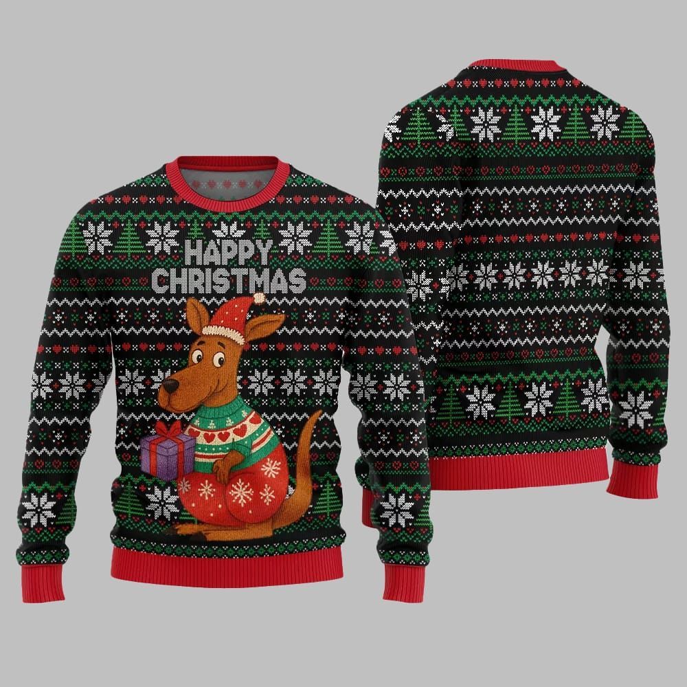2026 Christmas Happy Christmas Kangaroo Ugly Christmas Sweater - Moonbestprint