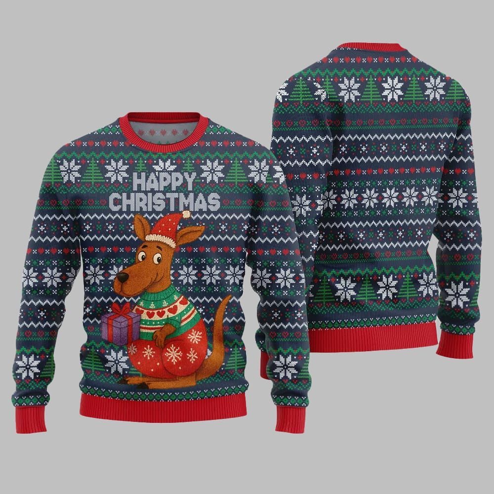 2026 Christmas Happy Christmas Kangaroo Ugly Christmas Sweater - Moonbestprint