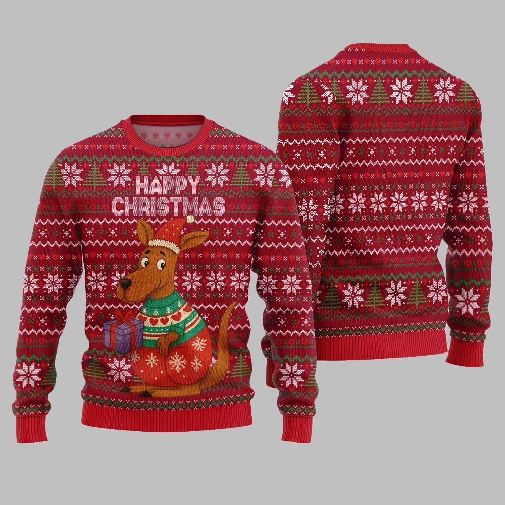 2026 Christmas Happy Christmas Kangaroo Ugly Christmas Sweater - Moonbestprint
