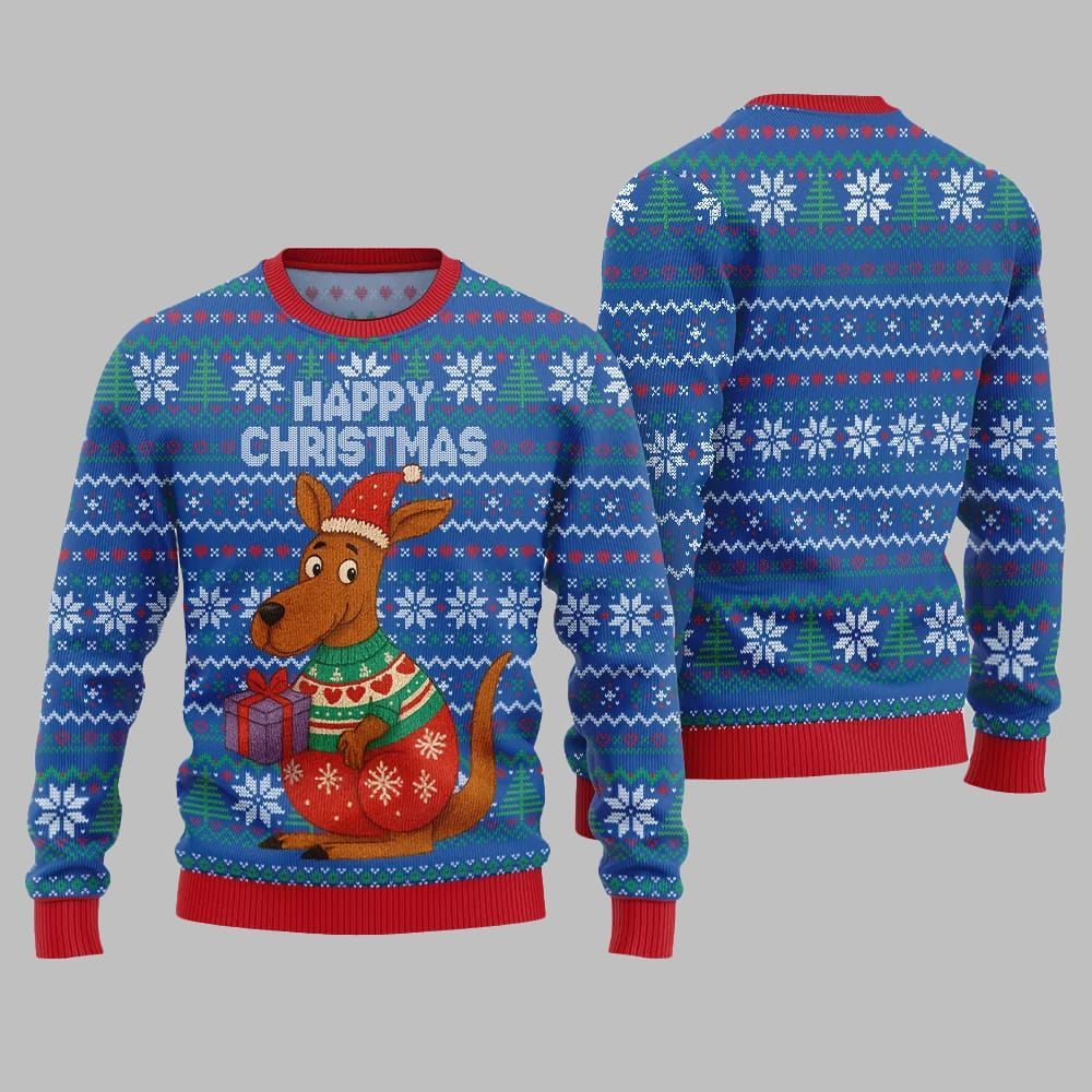 2026 Christmas Happy Christmas Kangaroo Ugly Christmas Sweater - Moonbestprint