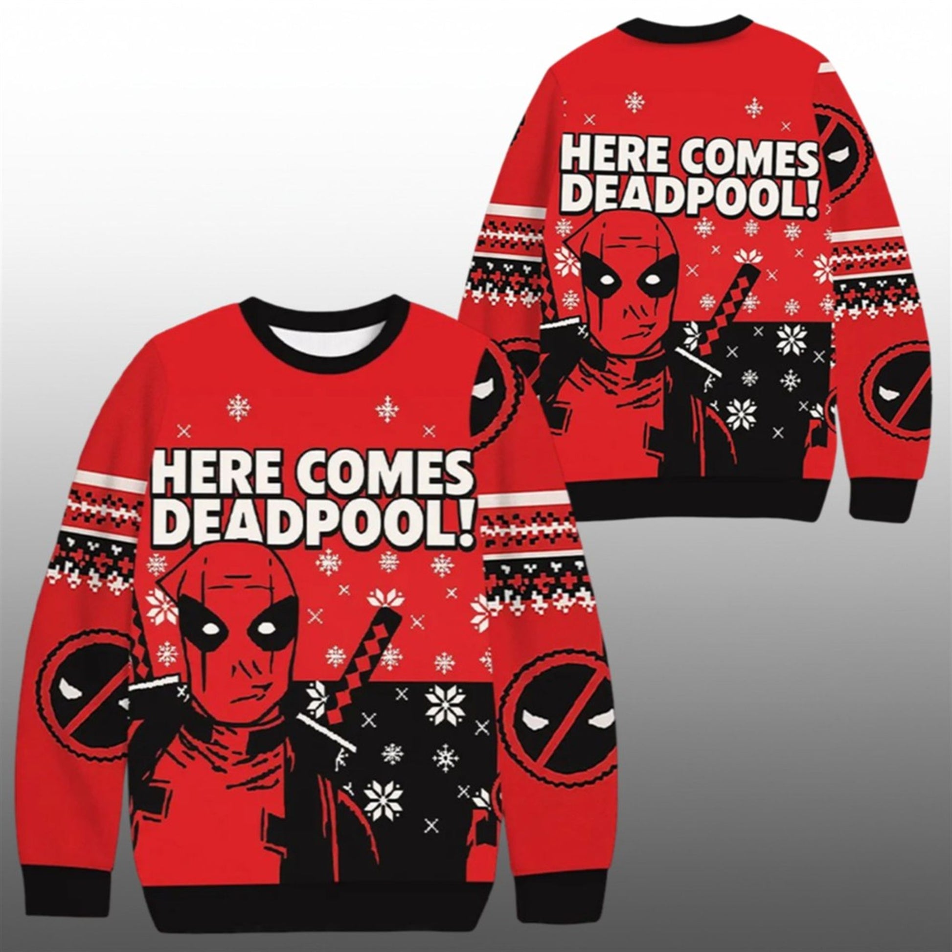 2026 Christmas Here Comes Deadpool Ugly Sweater - Moonbestprint