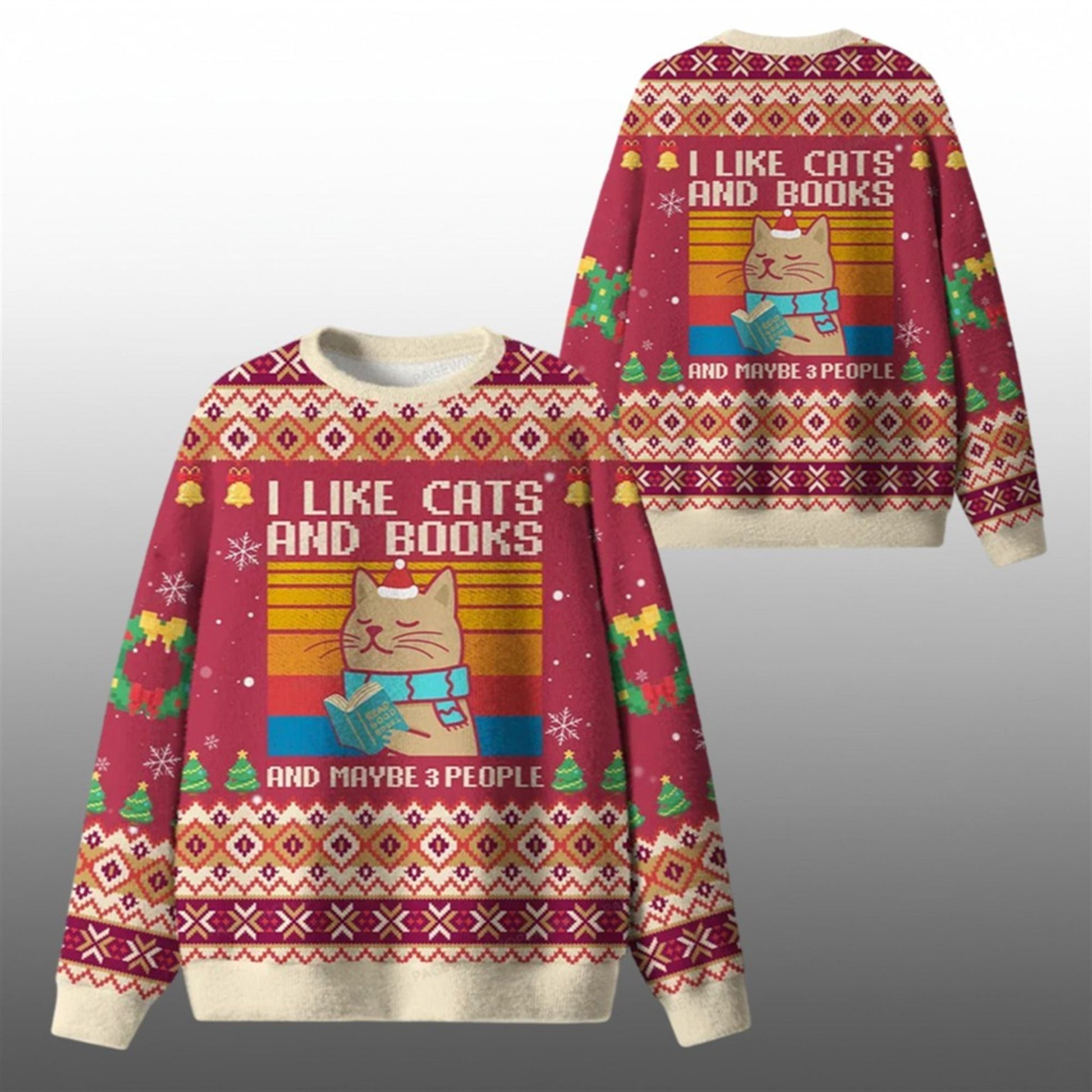 2026 Christmas I Like Cats And Books And Maybe 3 People Ugly Sweater - Moonbestprint