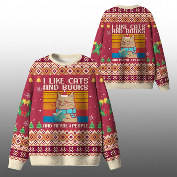 2026 Christmas I Like Cats And Books And Maybe 3 People Ugly Sweater - Moonbestprint