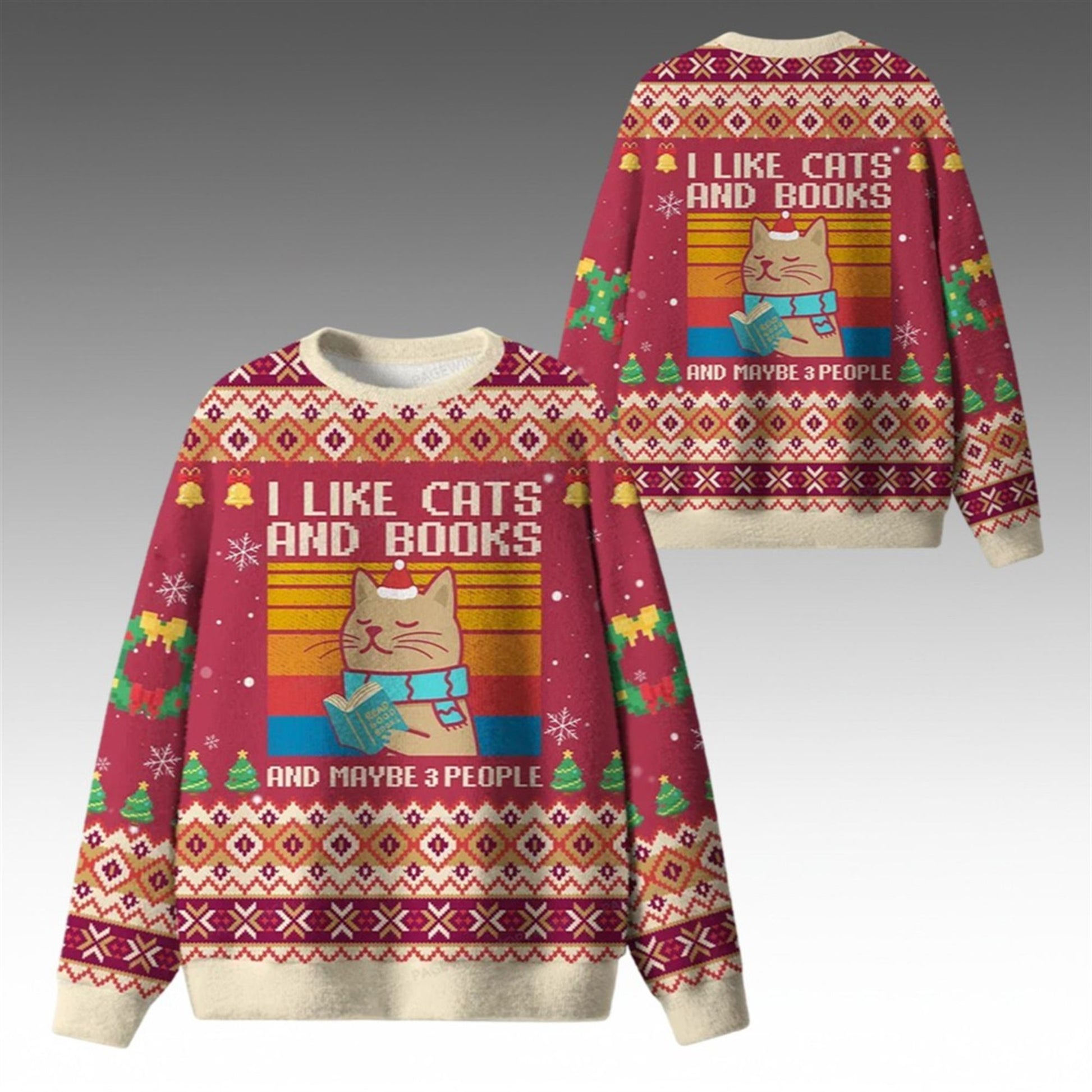 2026 Christmas I Like Cats And Books And Maybe 3 People Ugly Sweater - Moonbestprint