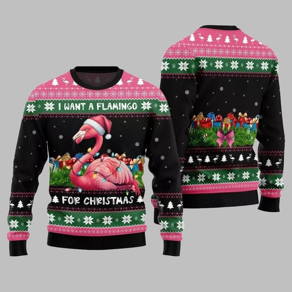 2026 Christmas I Want A Flamingo For Christmas Ugly Christmas Sweater - Moonbestprint