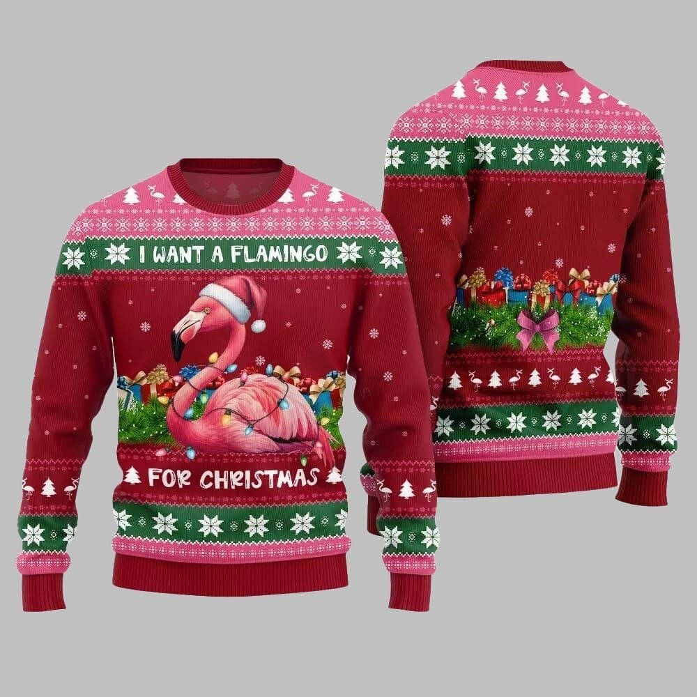 2026 Christmas I Want A Flamingo For Christmas Ugly Christmas Sweater - Moonbestprint
